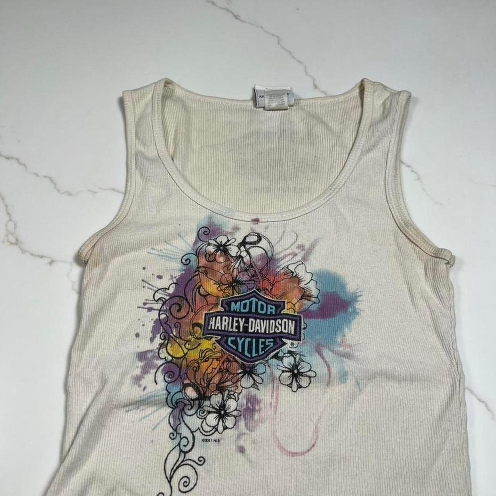 Harley-Davidson Tank Top Womens MD White Ribbed Floral Palm Springs California